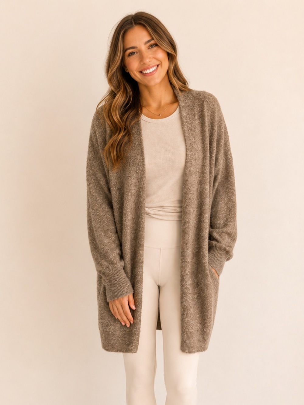 H&M Open-Front Long Cardigan - Heathered Brown / Cozy Fall Sweater / Oversized
